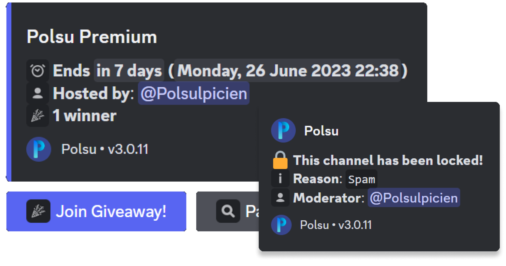 Polsu's moderation commands; a giveaway and a prompt for a channel being locked